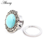 2pcs Flower Pattern Ear Tunnel Opal Stone Gauges Body Piercing Earrings