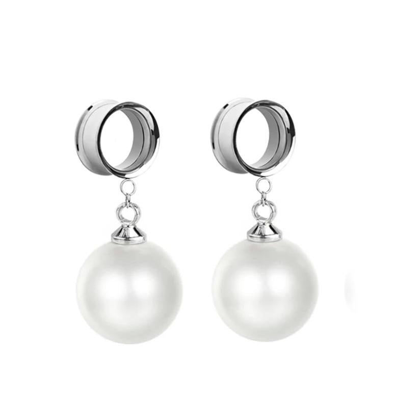 2PC Goth Pearl Ear Tunnel Stainless Steel Tunnel Plug Earrings