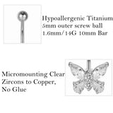 Titanium Navel Piercing Ring with Zircon Butterfly
