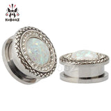 Stainless Steel Opal Border Ear Piercing Tunnels Plugs Gauges Body Jewelry