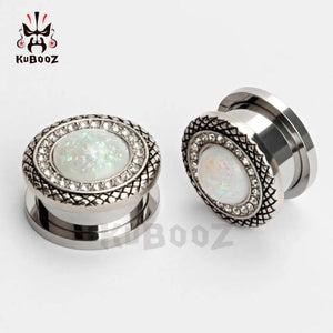 Stainless Steel Opal Border Ear Piercing Tunnels Plugs Gauges Body Jewelry