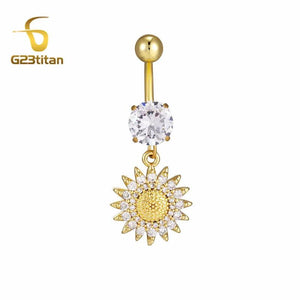 Golden Zircon Dangle Belly Button Ring Stainless Steel Barbell