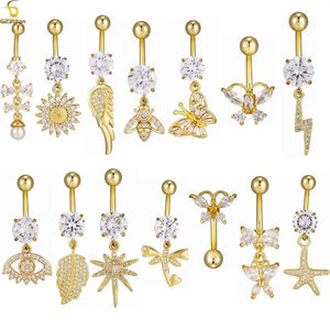 Golden Zircon Dangle Belly Button Ring Stainless Steel Barbell