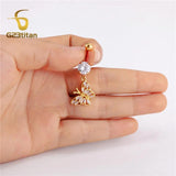 Golden Zircon Dangle Belly Button Ring Stainless Steel Barbell