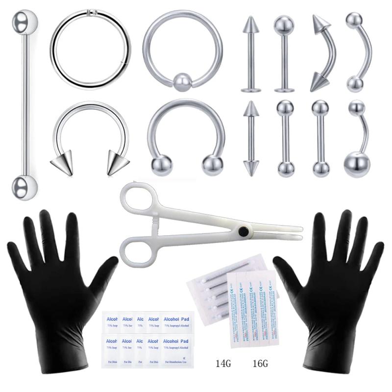 Body Piercing Tool Kit 12-20G Disposable Needles Clamp Gloves Tools