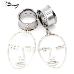 2pcs Double Flared Face Dangle Ear Gauges Plugs Tunnels Stainless Steel Earrings