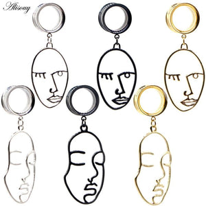 2pcs Double Flared Face Dangle Ear Gauges Plugs Tunnels Stainless Steel Earrings