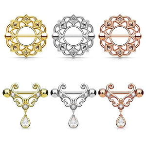 14G Surgical Steel Nipple Rings with Water Drop Pendant Charm