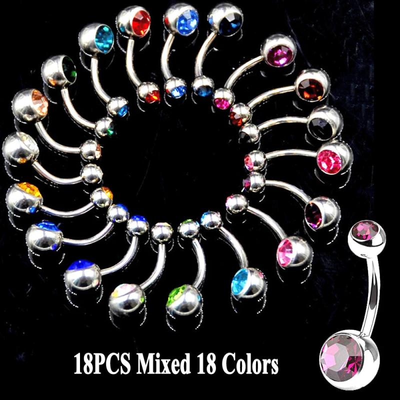 18pcs Mixed Surgical Steel Double CZ Crystal Belly Button Ring Navel Piercing