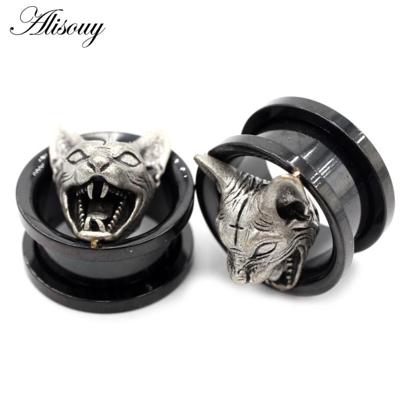 Punk Stainless Steel Cross Cat Head Ear Expansion Earrings
