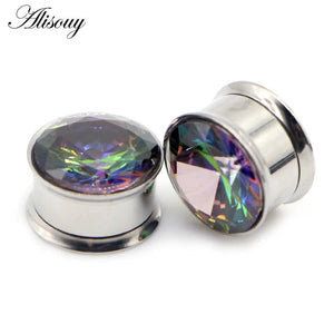 2pcs Flared Ear Plug Tunnel Zircon Crystal Earring Earlobe Piercing Screw Gauges
