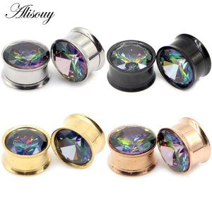 2pcs Flared Ear Plug Tunnel Zircon Crystal Earring Earlobe Piercing Screw Gauges