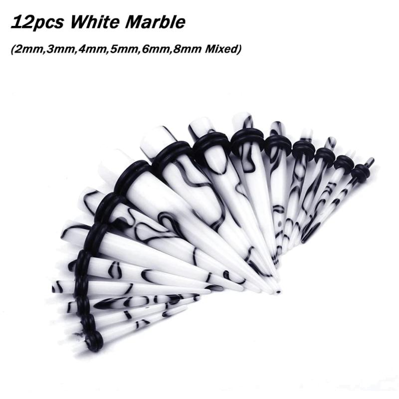 12PCS Acrylic Ear Stretchers Marble Taper Kit Ear Tapers Lobe Stretching Set