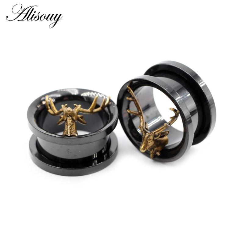 2PC Stainless Steel Skull Antlers Ear Piercing Tunnels Gauges Body Jewelry