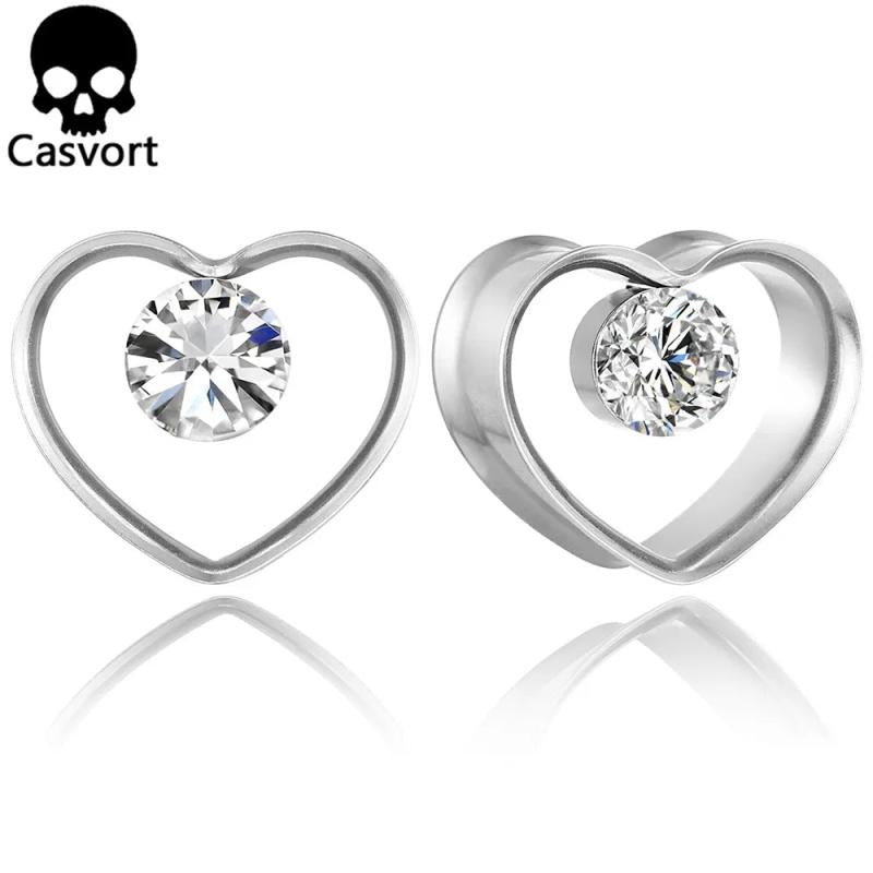 2PCS Crystal Heart Ear Gauges Plugs for Stretched Lobe Tunnels Piercing