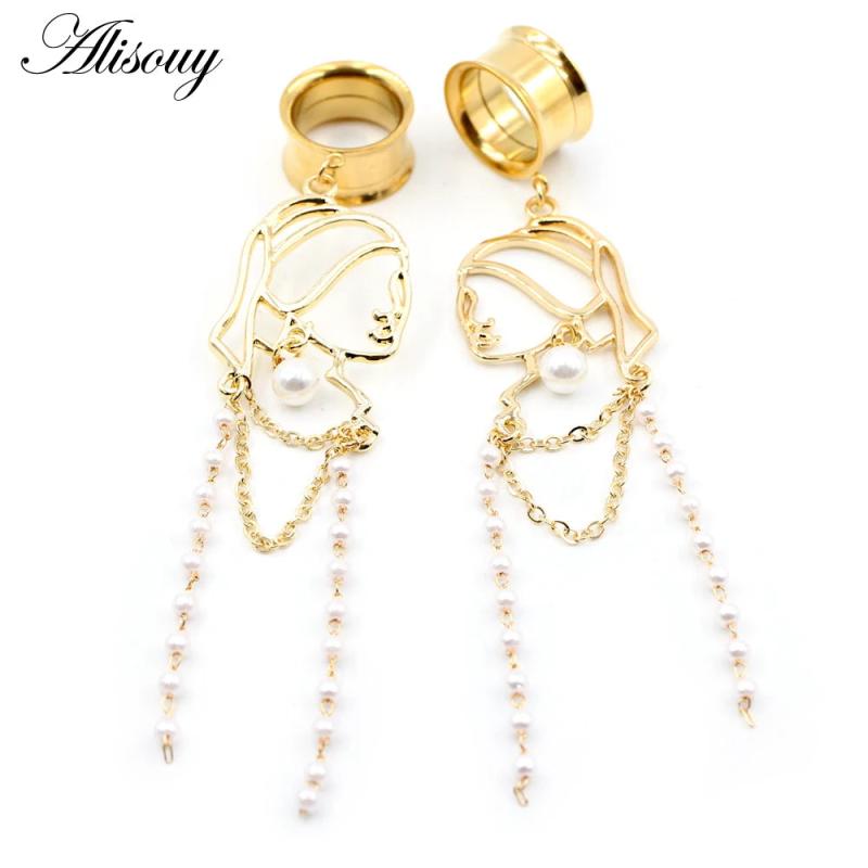 2pcs Stainless Steel Lady Face Chain Pearl Ear Plugs Tunnel Expander Stretcher