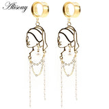 2pcs Stainless Steel Lady Face Chain Pearl Ear Plugs Tunnel Expander Stretcher