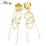 2pcs Stainless Steel Lady Face Chain Pearl Ear Plugs Tunnel Expander Stretcher