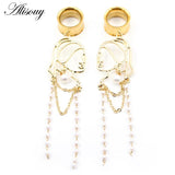 2pcs Stainless Steel Lady Face Chain Pearl Ear Plugs Tunnel Expander Stretcher