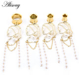 2pcs Stainless Steel Lady Face Chain Pearl Ear Plugs Tunnel Expander Stretcher