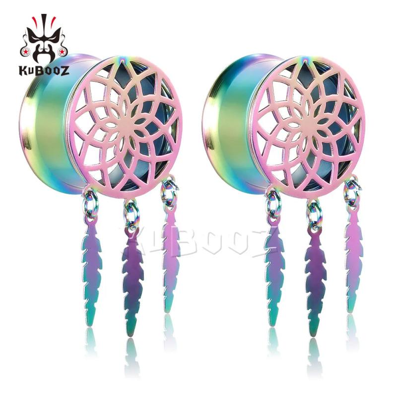 Stainless Steel Dream Catcher Flower Pattern Ear Plugs Dangle Tunnels