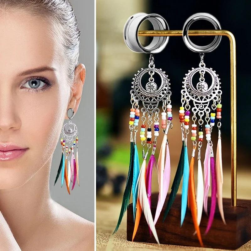 Stainless Steel Ear Plug Feather Dangle Ear Flesh Tunnel Plug Ear Gauges