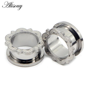 2pcs Stainless Steel Ear Gauges Plugs Flower Lace Ear Flesh Tunnel Expanders