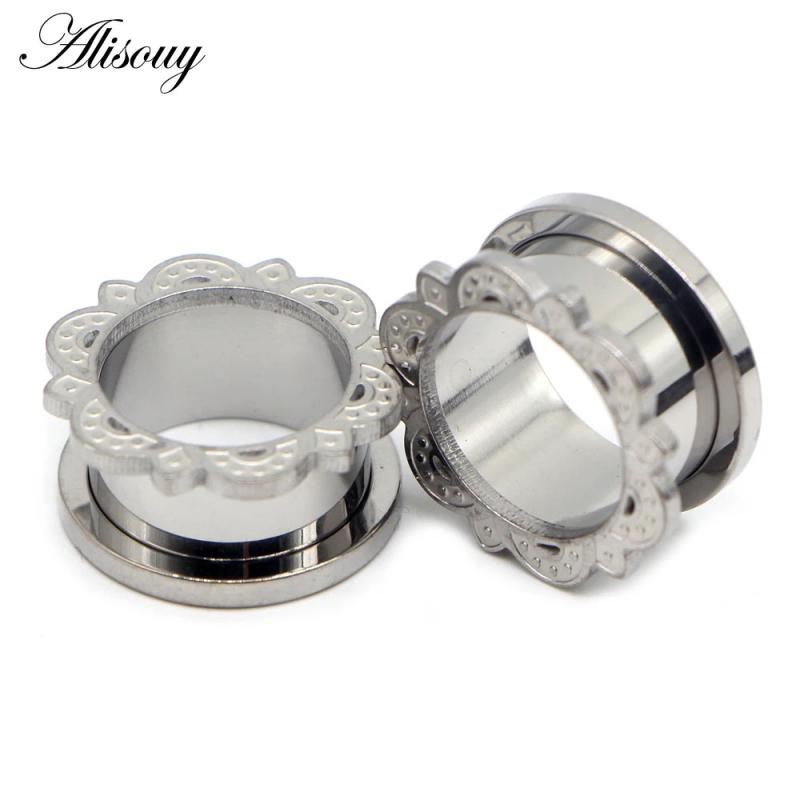 2pcs Stainless Steel Ear Gauges Plugs Flower Lace Ear Flesh Tunnel Expanders