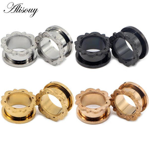 2pcs Stainless Steel Ear Gauges Plugs Flower Lace Ear Flesh Tunnel Expanders