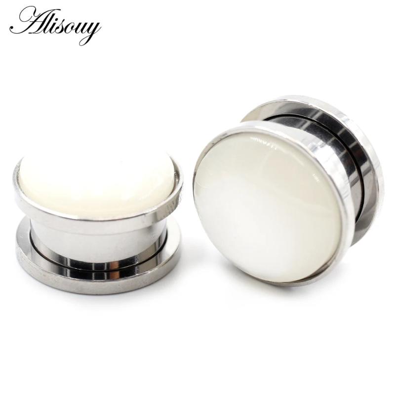 2x Stainless Steel Opal Stone Ear Gauges Tunnels Plugs