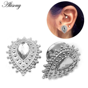 2pcs Stainless Steel Water Drop Stone Ear Gauges Piercing