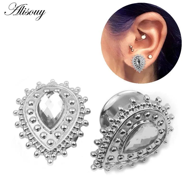 2pcs Stainless Steel Water Drop Stone Ear Gauges Piercing