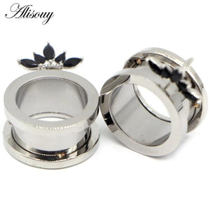 2pcs Flower Stones Stainless Steel Ear Plugs Tunnels Stretcher Body Piercing