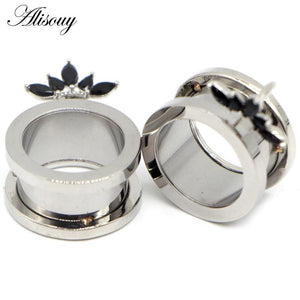 2pcs Flower Stones Stainless Steel Ear Plugs Tunnels Stretcher Body Piercing