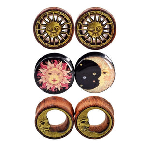 Sun Moon Wood Acrylic Ear Tunnels Plugs Piercing Set