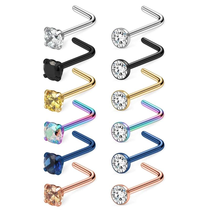 20G Stainless Steel Nose Rings Stud Set 1.5/2/2.5/3mm CZ Screw L Shaped Bone Nos