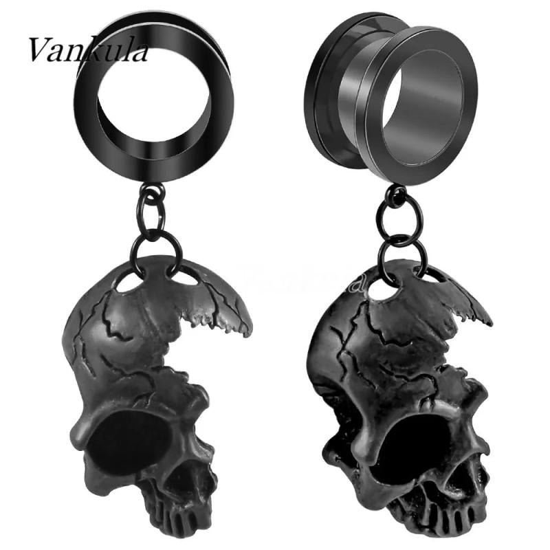 Vankula 2PCS Stainless Steel Ear Plugs Tunnels skull Dangle Earrings