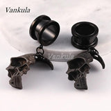 Vankula 2PCS Stainless Steel Ear Plugs Tunnels skull Dangle Earrings
