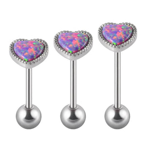 Opal Heart Tongue Barbell Surgical Steel Piercing 14G/16G