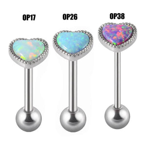 Opal Heart Tongue Barbell Surgical Steel Piercing 14G/16G