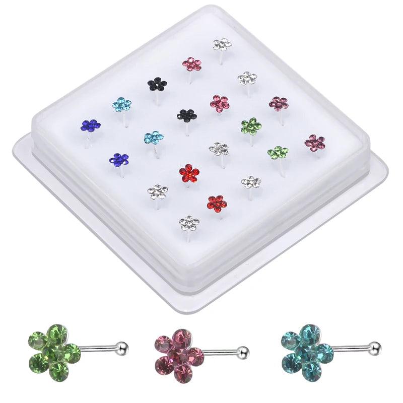 20Pcs Mix Flower Crystal Nose Studs for Women Men Tiny Nose Bone Rings