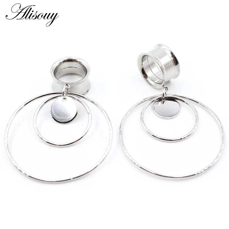 Stainless Steel Round Dangle Ear Plugs Tunnel Gauges Earrings