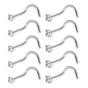 10 Pcs CZ Zircon Nose Studs Stainless Steel Screw Nose Ring 20G