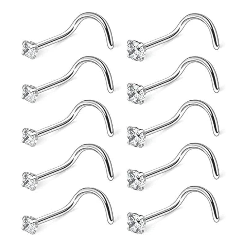 10 Pcs CZ Zircon Nose Studs Stainless Steel Screw Nose Ring 20G