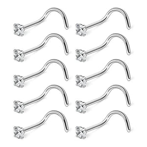 10 Pcs CZ Zircon Nose Studs Stainless Steel Screw Nose Ring 20G