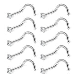 10 Pcs CZ Zircon Nose Studs Stainless Steel Screw Nose Ring 20G