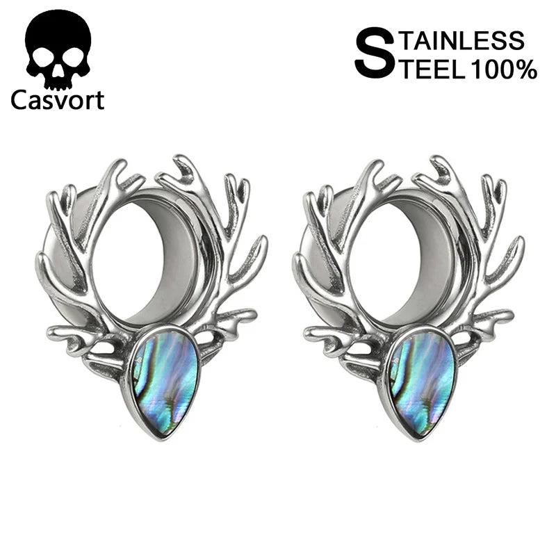 2PCS Deer Logo Ear Plugs Colorful Shell Stainless Steel Ear Tunnels Silver