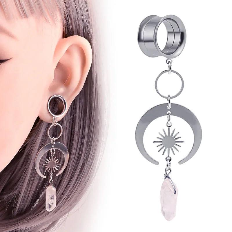 Crystal Moon Sun Pendant Ear Tunnel Plugs Flesh Piercing Earring