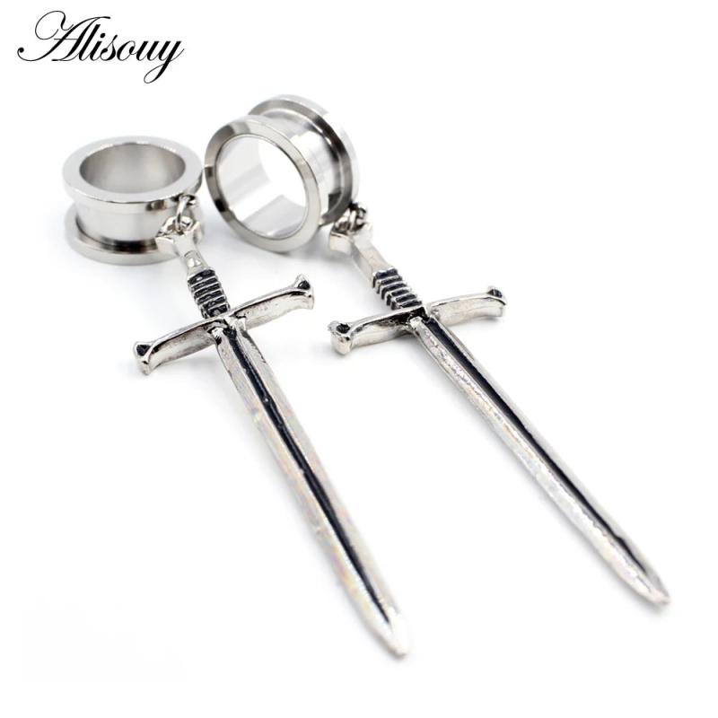 2Pcs Sword Dangle Ear Tunnels Stainless Steel Body Piercing Jewelry