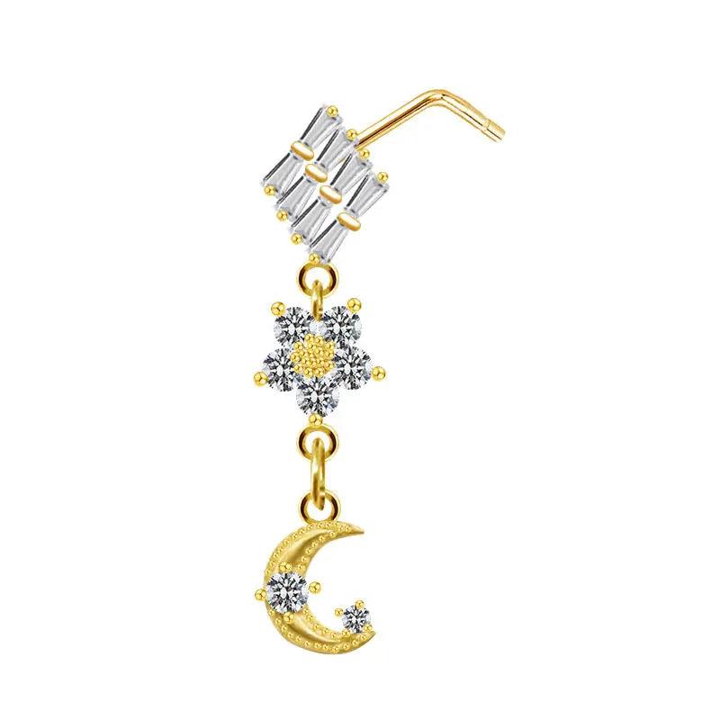 Flower Nose Rings Stainless Steel Long Dangle Nose Studs Piercing